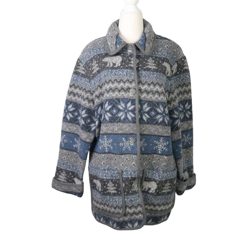 Vintage 90s David Brooks grey and blue polar bear snowflake blanket coat M